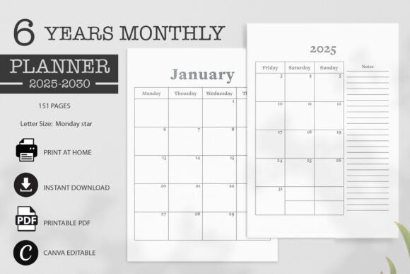 6-Year Monthly Planner 2025 - 2030